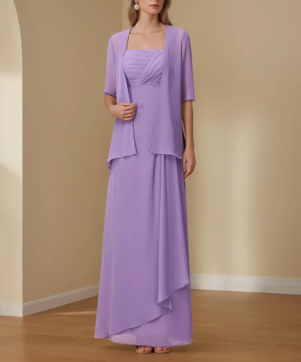2 Piece Mother of The Bride Dresses with Jacket Chiffon Ruffle Wedding Mother of Groom Long Evening Gowns Half Sleeve