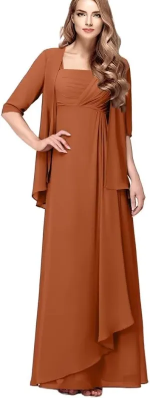 2 Piece Mother of The Bride Dresses with Jacket Chiffon Ruffle Wedding Mother of Groom Long Evening Gowns Half Sleeve