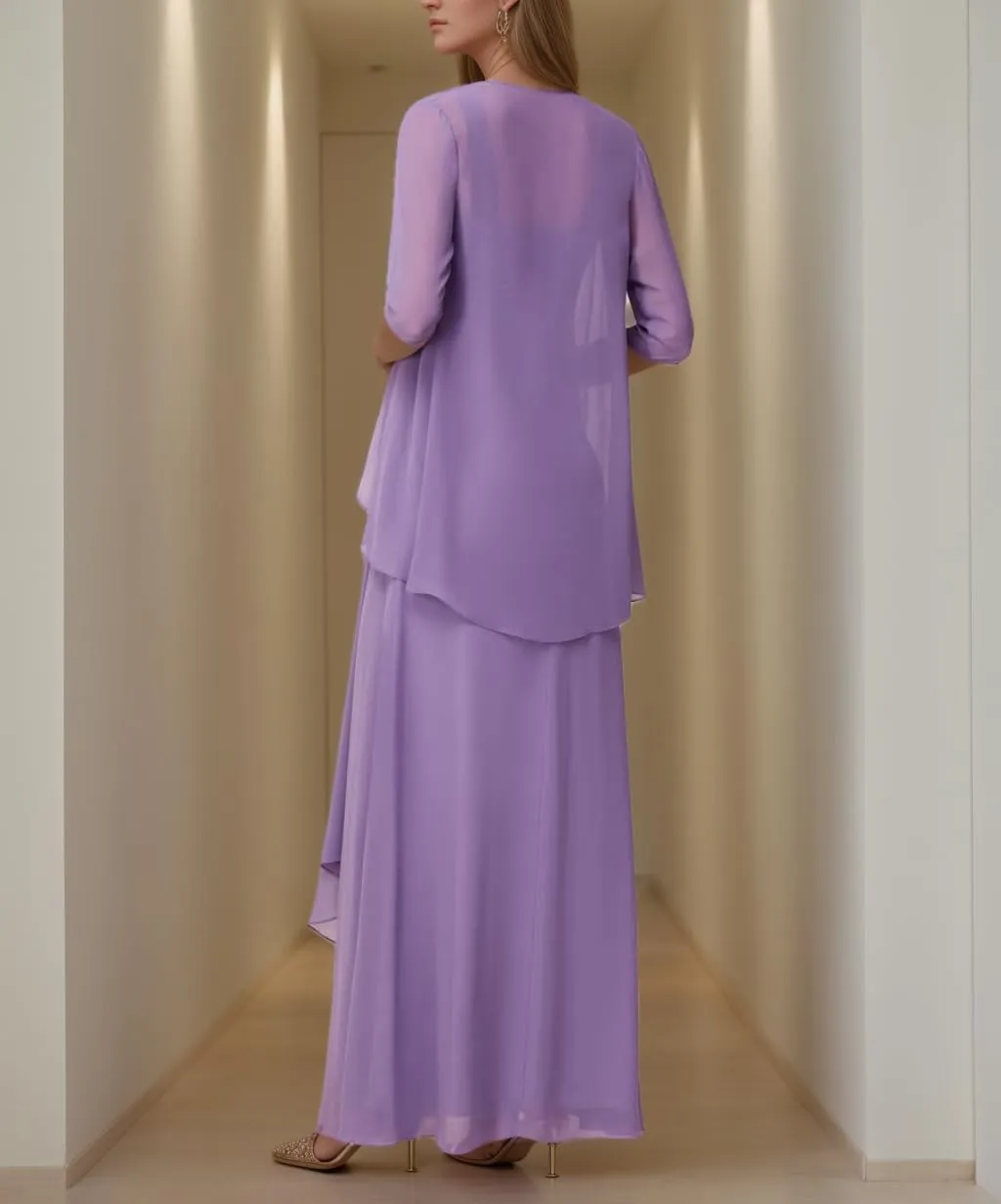 2 Piece Mother of The Bride Dresses with Jacket Chiffon Ruffle Wedding Mother of Groom Long Evening Gowns Half Sleeve