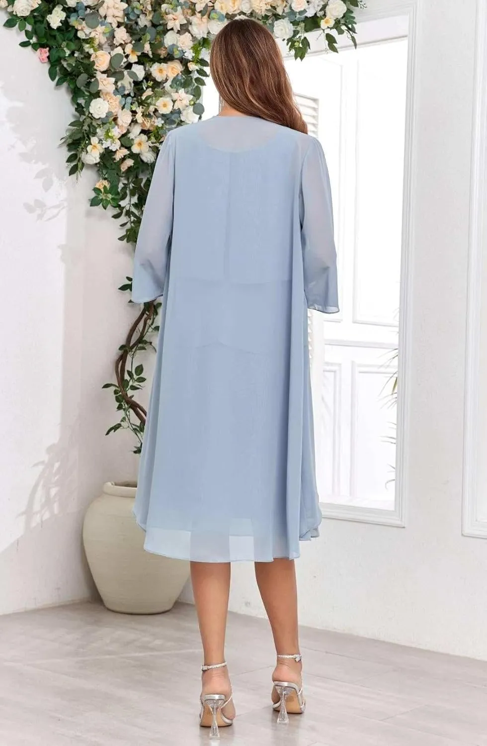 2 Piece Mother of The Bride Dresses with Jacket Tiered 3/4 Sleeve Knee Length Chiffon Beaded Formal Dress