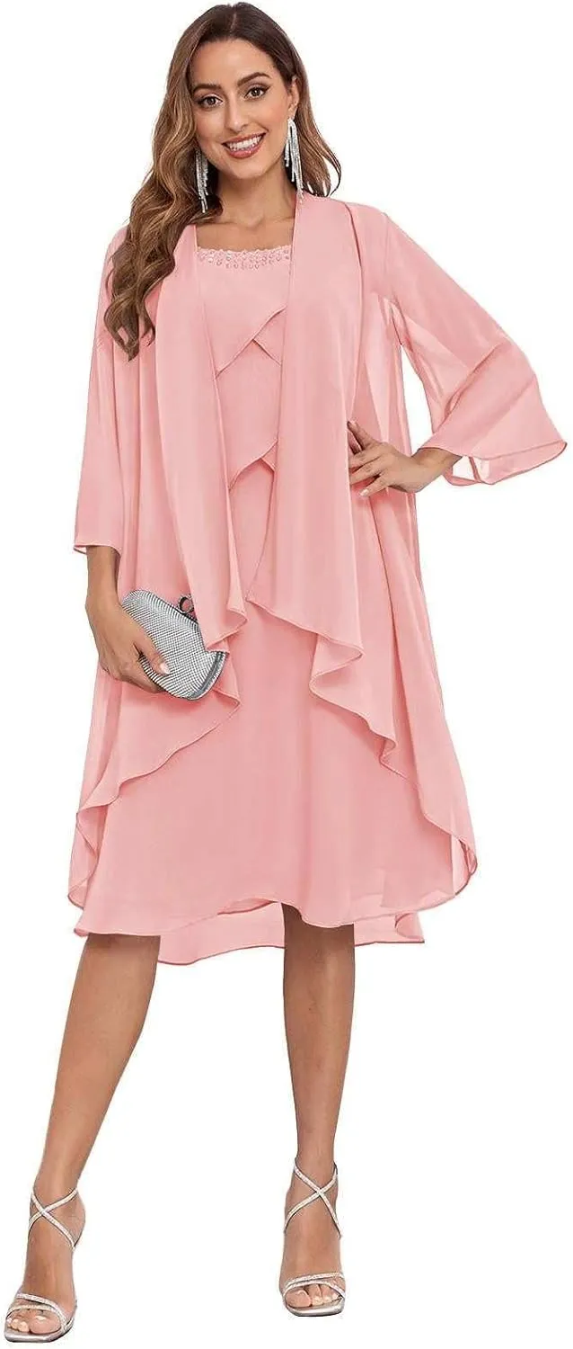 2 Piece Mother of The Bride Dresses with Jacket Tiered 3/4 Sleeve Knee Length Chiffon Beaded Formal Dress