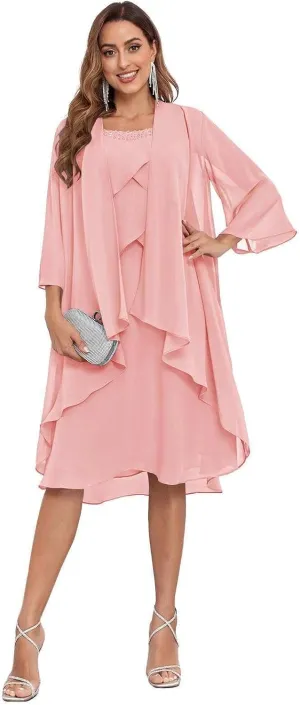 2 Piece Mother of The Bride Dresses with Jacket Tiered 3/4 Sleeve Knee Length Chiffon Beaded Formal Dress
