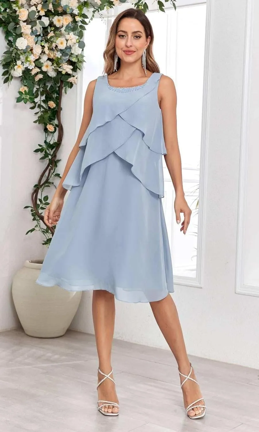 2 Piece Mother of The Bride Dresses with Jacket Tiered 3/4 Sleeve Knee Length Chiffon Beaded Formal Dress