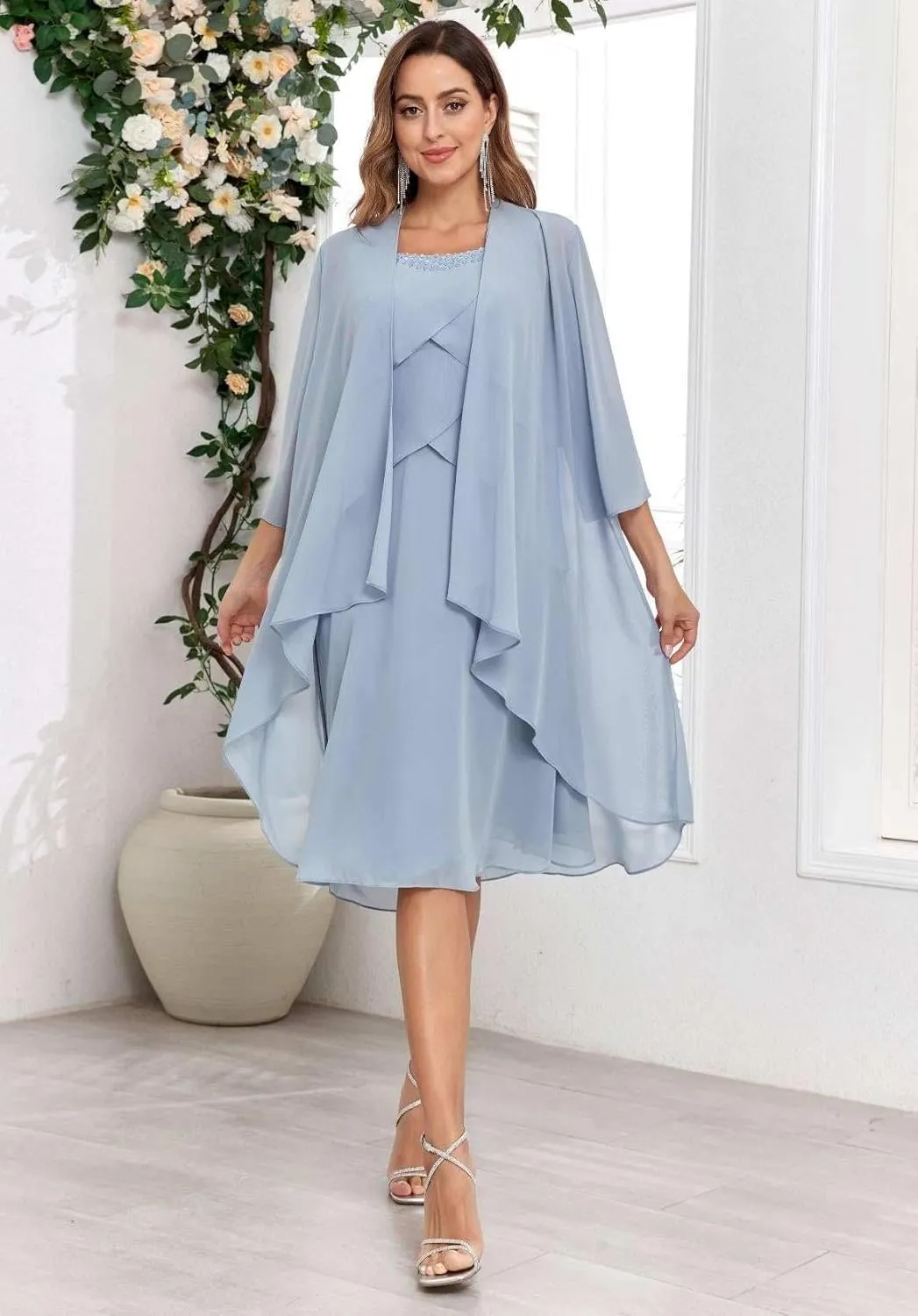 2 Piece Mother of The Bride Dresses with Jacket Tiered 3/4 Sleeve Knee Length Chiffon Beaded Formal Dress