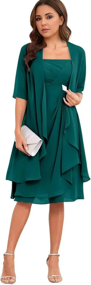 2 Pieces Mother of The Bride Dresses for Wedding Lace Applique Chiffon Tea Length Mother of The Groom Gown with Jackets