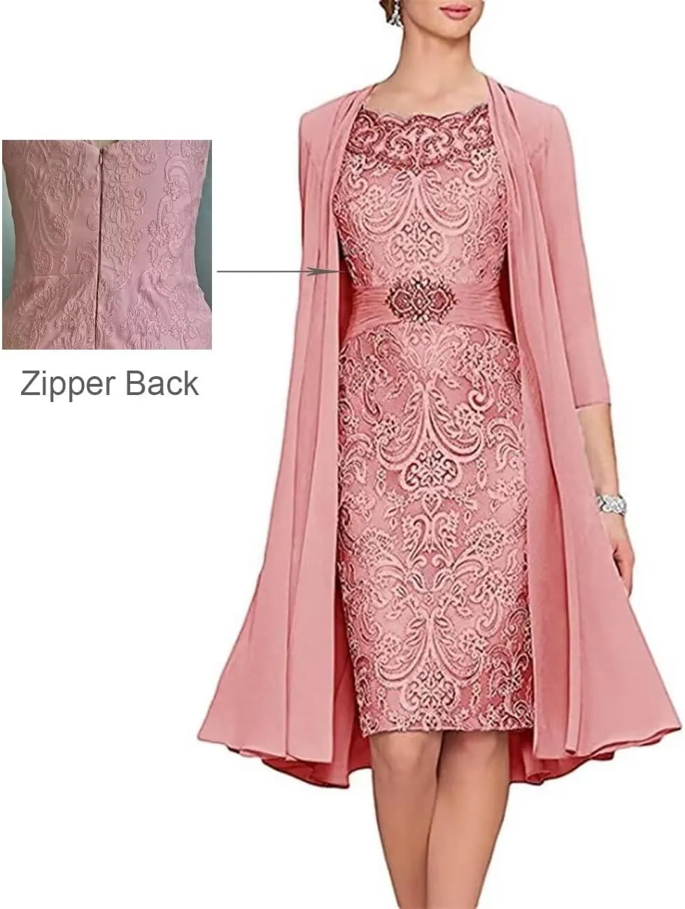 2 Pieces Mother of The Bride Dresses Tea Length Floral Lace Formal Long Evening Party Dress for Wedding Guest