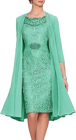 2 Pieces Mother of The Bride Dresses Tea Length Floral Lace Formal Long Evening Party Dress for Wedding Guest