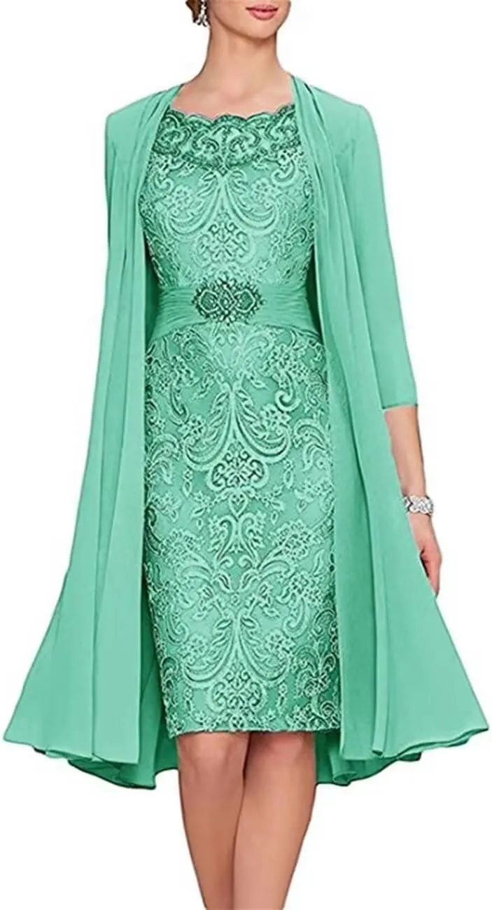 2 Pieces Mother of The Bride Dresses Tea Length Floral Lace Formal Long Evening Party Dress for Wedding Guest