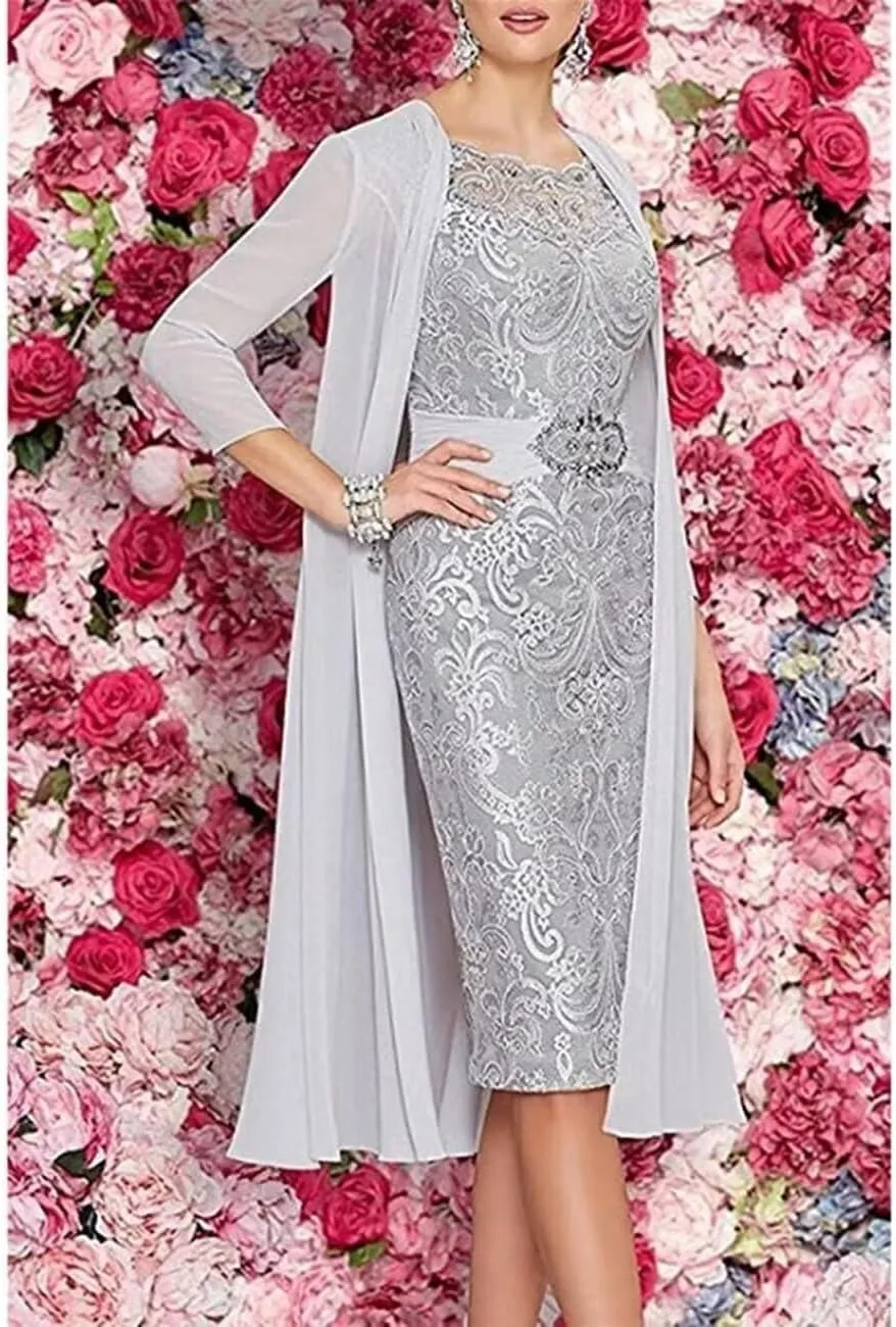 2 Pieces Mother of The Bride Dresses Tea Length Floral Lace Formal Long Evening Party Dress for Wedding Guest