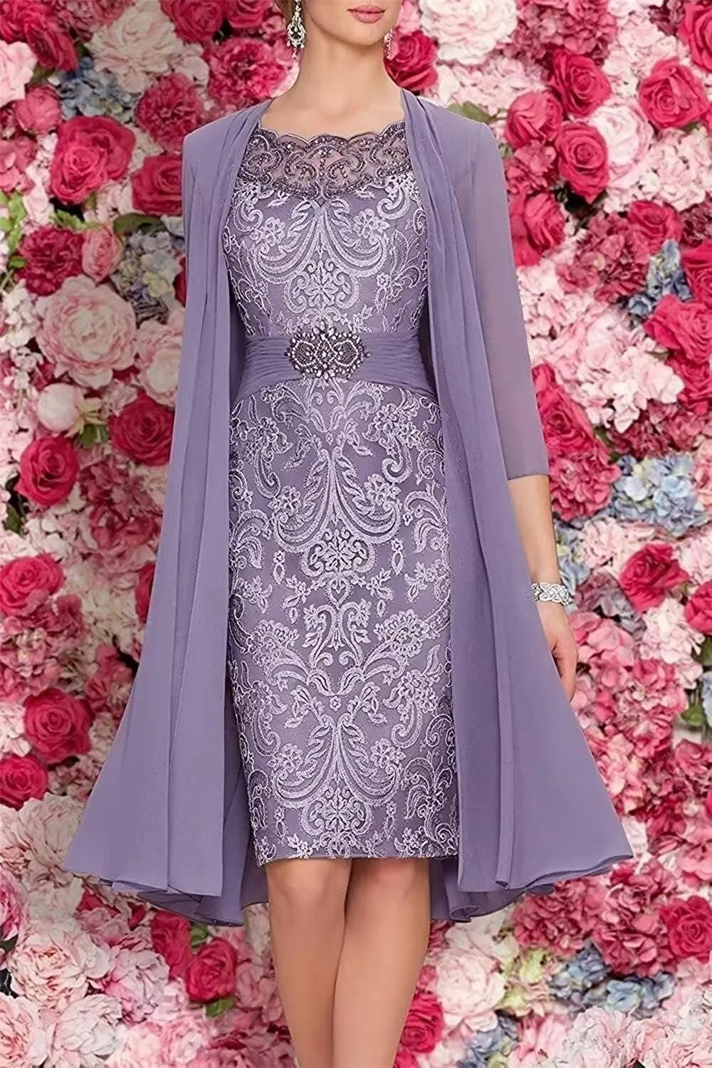 2 Pieces Mother of The Bride Dresses Tea Length Floral Lace Formal Long Evening Party Dress for Wedding Guest