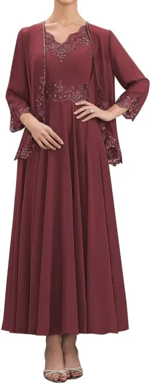 2 Pieces Mother of The Bride Dresses with Jacket Chiffon Tea Length A Line Formal Dresses Evening Gowns MK40