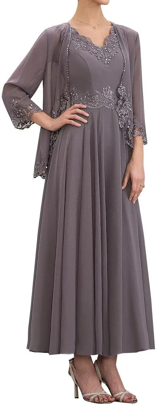 2 Pieces Mother of The Bride Dresses with Jacket Chiffon Tea Length A Line Formal Dresses Evening Gowns MK40