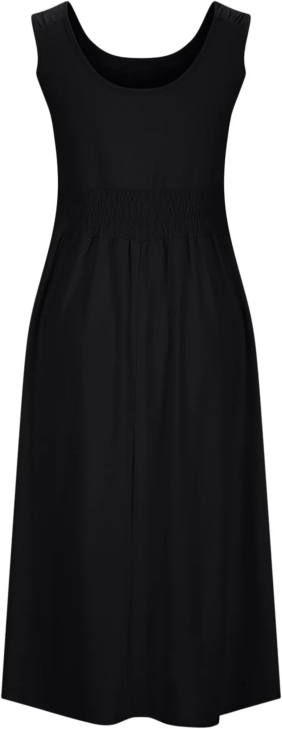 2025 Woman's U Neck Sleeveless Dress Front Button Elastic Smocked Waist Summer Dresses Casual Mid-Calf Sundress