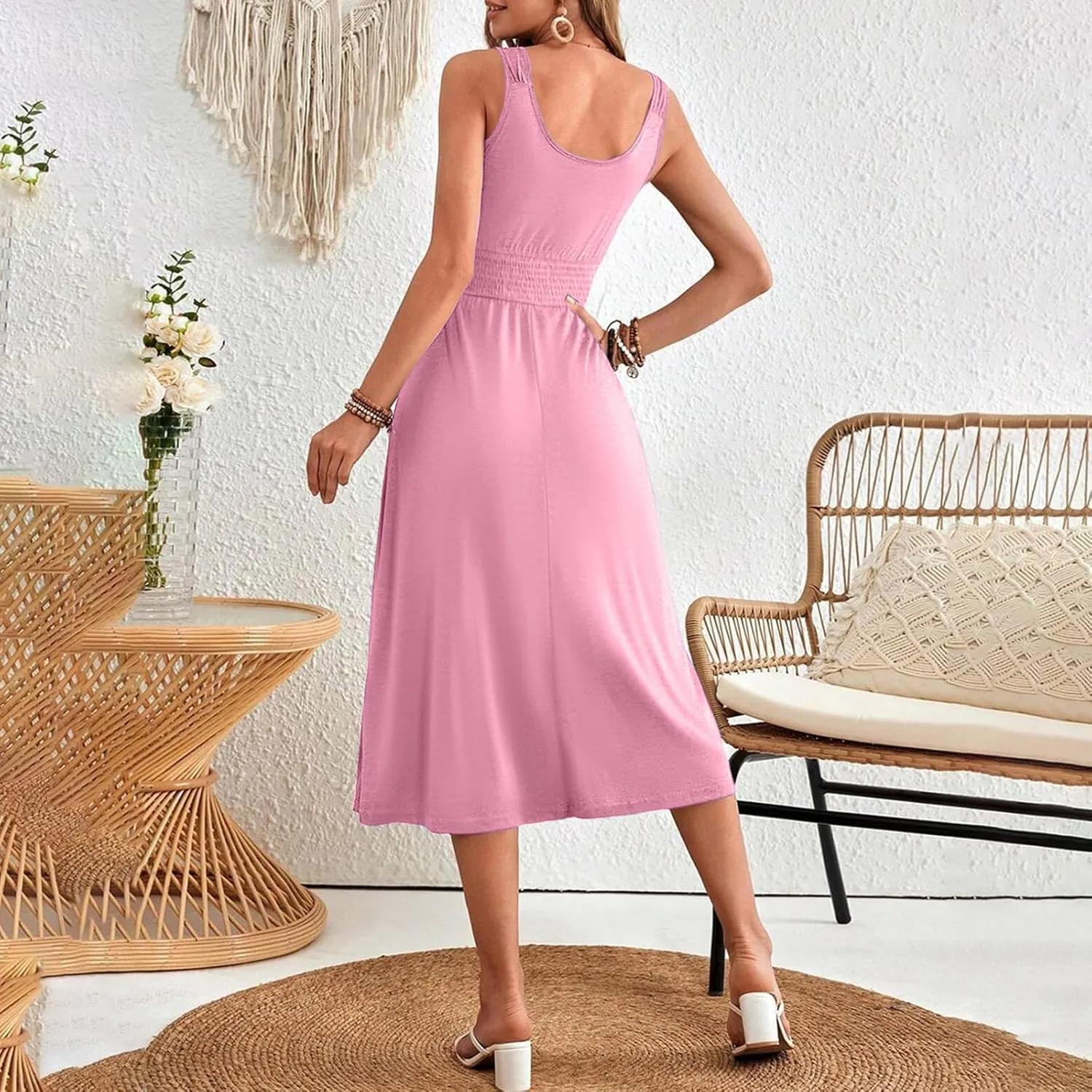 2025 Woman's U Neck Sleeveless Dress Front Button Elastic Smocked Waist Summer Dresses Casual Mid-Calf Sundress