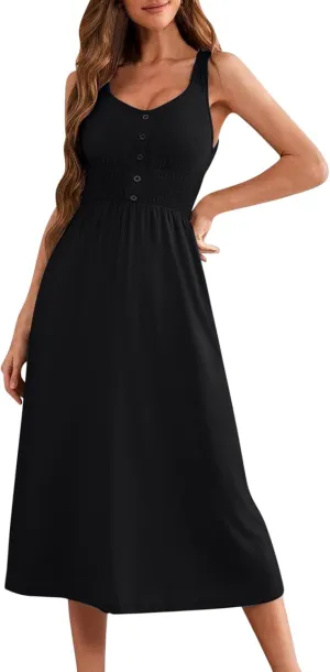 2025 Woman's U Neck Sleeveless Dress Front Button Elastic Smocked Waist Summer Dresses Casual Mid-Calf Sundress
