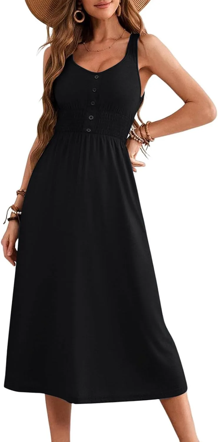 2025 Woman's U Neck Sleeveless Dress Front Button Elastic Smocked Waist Summer Dresses Casual Mid-Calf Sundress