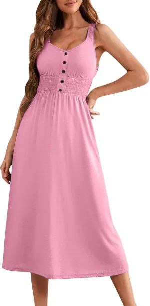 2025 Woman's U Neck Sleeveless Dress Front Button Elastic Smocked Waist Summer Dresses Casual Mid-Calf Sundress