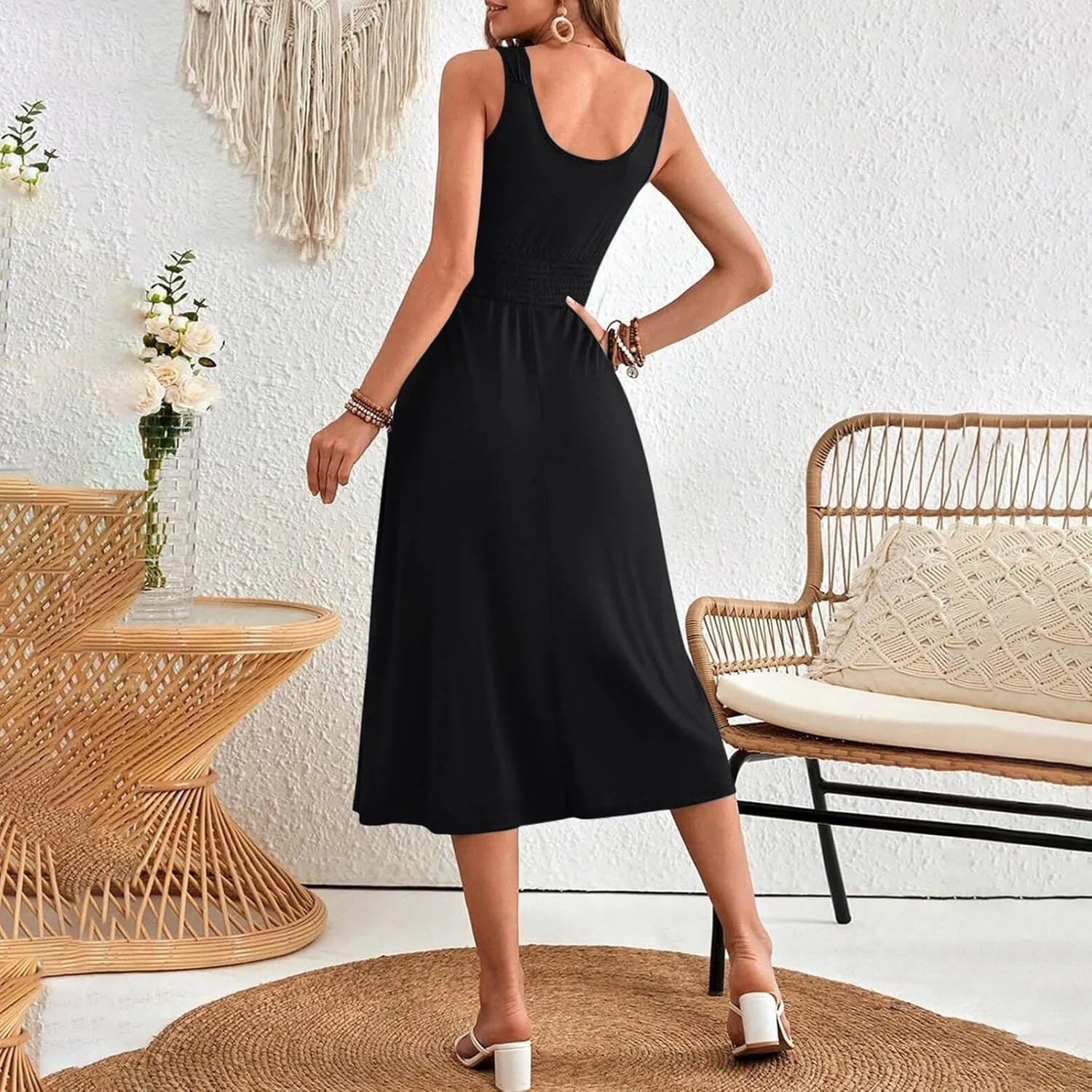 2025 Woman's U Neck Sleeveless Dress Front Button Elastic Smocked Waist Summer Dresses Casual Mid-Calf Sundress