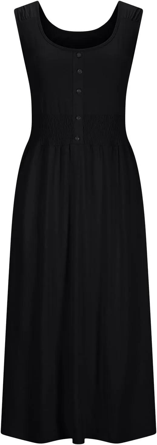 2025 Woman's U Neck Sleeveless Dress Front Button Elastic Smocked Waist Summer Dresses Casual Mid-Calf Sundress