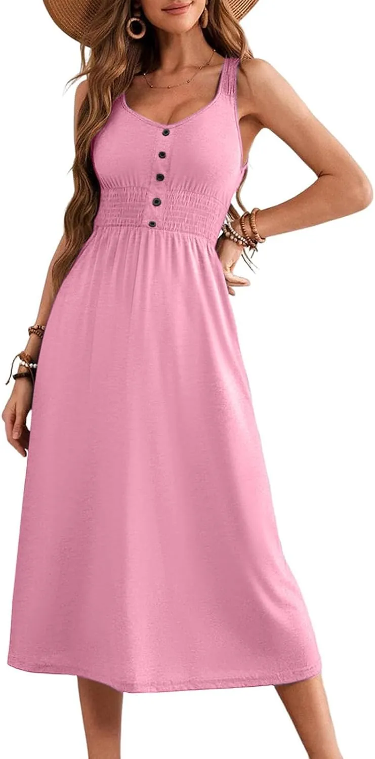 2025 Woman's U Neck Sleeveless Dress Front Button Elastic Smocked Waist Summer Dresses Casual Mid-Calf Sundress