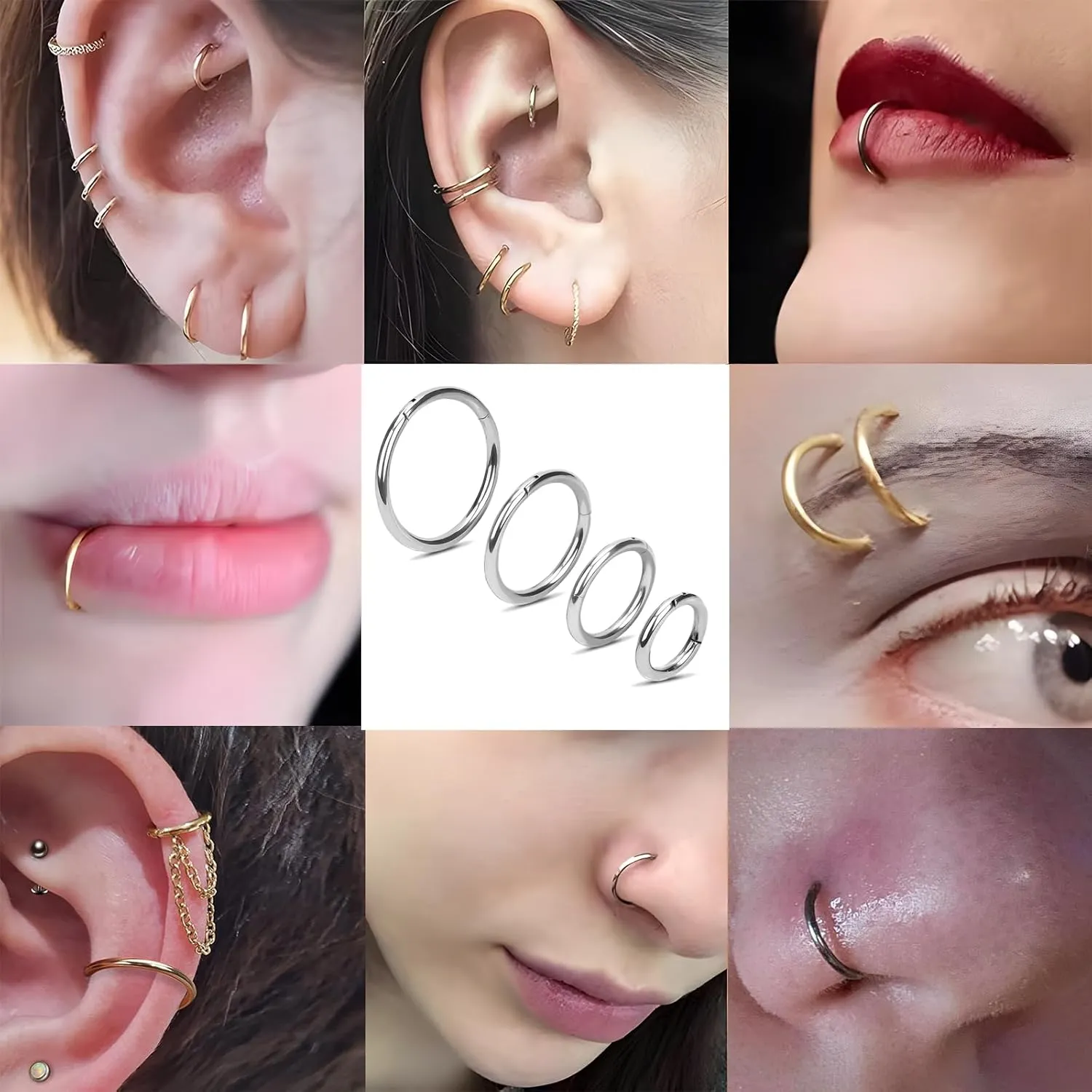 2Pcs Titanium Nose Rings 20G 18G 16G Nose Rings Hoops Septum Clicker Hinged Segment Ring Cartilage Helix Tragus Conch Daith Rook Nostril Hoop Piercing Earring, Diameter 5mm to 12mm Silver-Gold-Rose Gold-Black