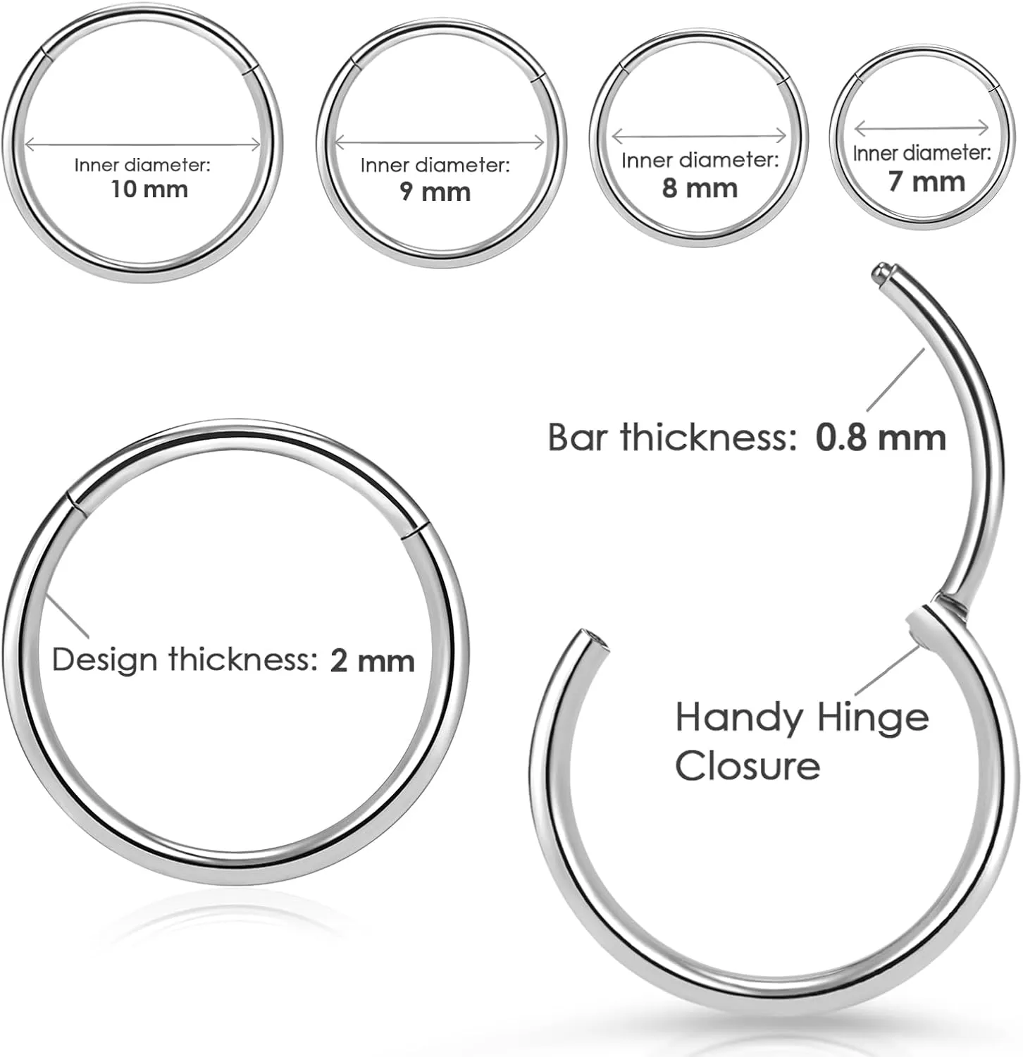 2Pcs Titanium Nose Rings 20G 18G 16G Nose Rings Hoops Septum Clicker Hinged Segment Ring Cartilage Helix Tragus Conch Daith Rook Nostril Hoop Piercing Earring, Diameter 5mm to 12mm Silver-Gold-Rose Gold-Black