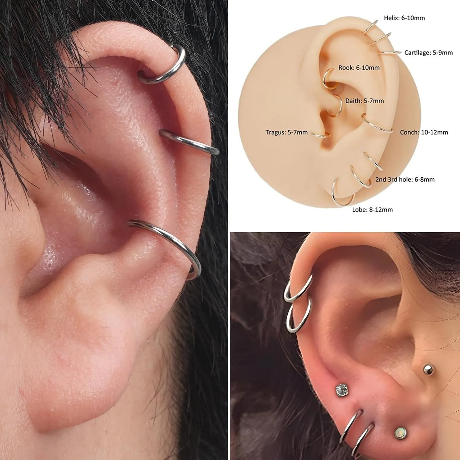 2Pcs Titanium Nose Rings 20G 18G 16G Nose Rings Hoops Septum Clicker Hinged Segment Ring Cartilage Helix Tragus Conch Daith Rook Nostril Hoop Piercing Earring, Diameter 5mm to 12mm Silver-Gold-Rose Gold-Black
