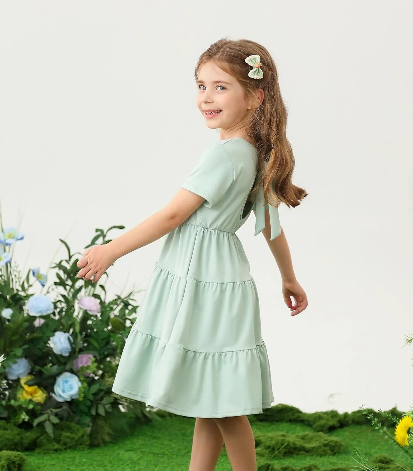 3-7 Years Girls Summer Dresses Tie Back Short Sleeve Ruffle Tiered Twirly Casual Midi Sundress