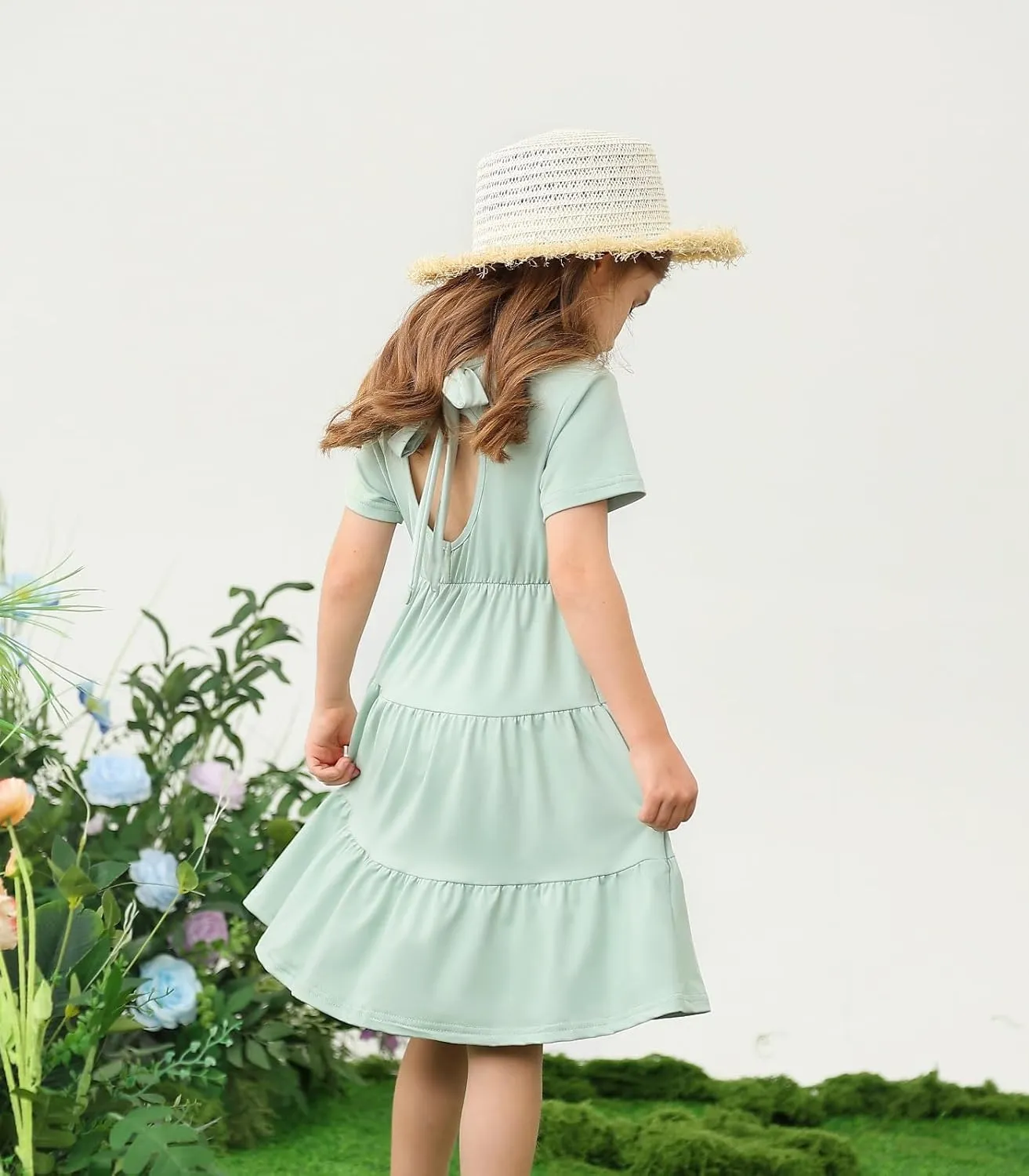 3-7 Years Girls Summer Dresses Tie Back Short Sleeve Ruffle Tiered Twirly Casual Midi Sundress
