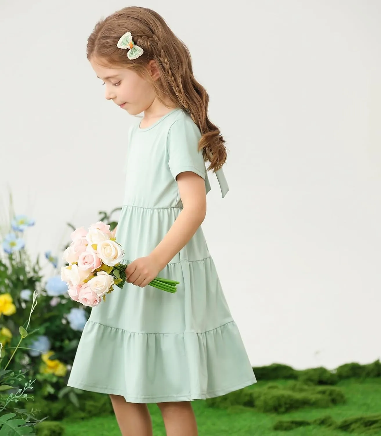 3-7 Years Girls Summer Dresses Tie Back Short Sleeve Ruffle Tiered Twirly Casual Midi Sundress