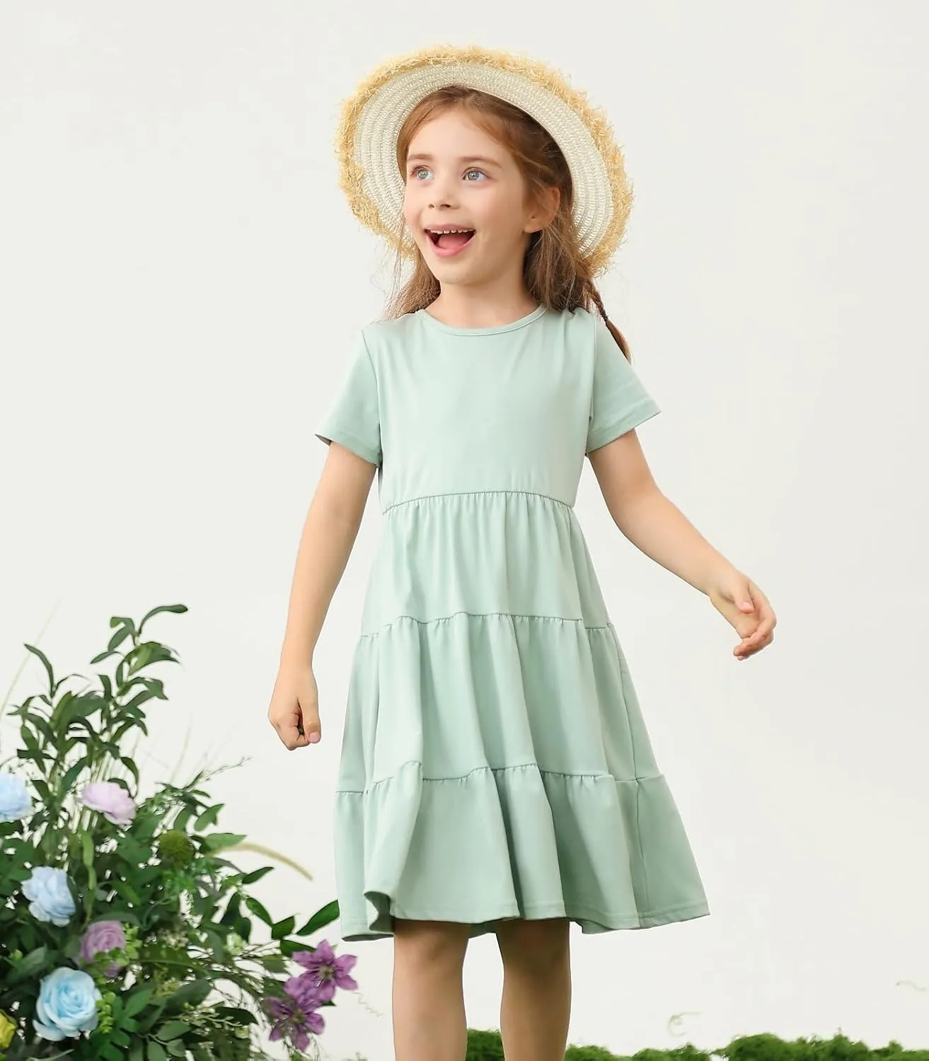 3-7 Years Girls Summer Dresses Tie Back Short Sleeve Ruffle Tiered Twirly Casual Midi Sundress