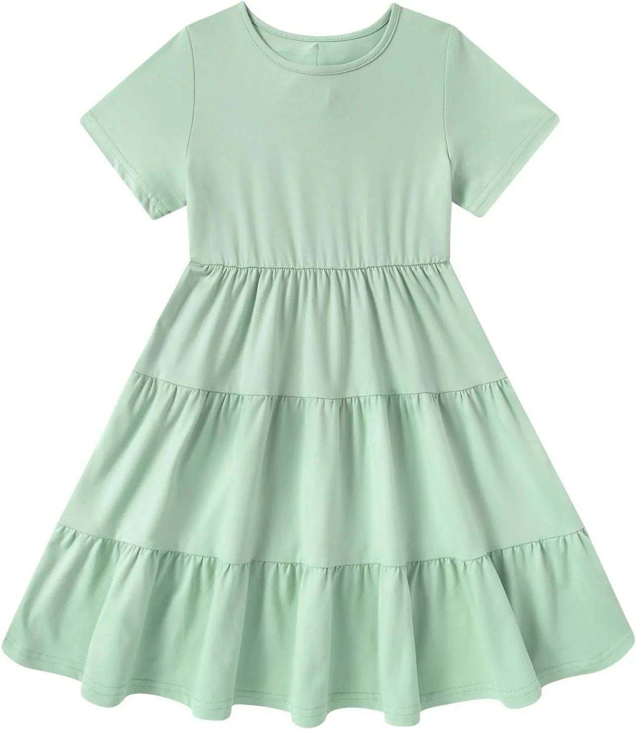 3-7 Years Girls Summer Dresses Tie Back Short Sleeve Ruffle Tiered Twirly Casual Midi Sundress