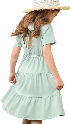 3-7 Years Girls Summer Dresses Tie Back Short Sleeve Ruffle Tiered Twirly Casual Midi Sundress