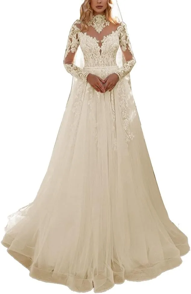 A-line Women Wedding Dress for Bride Long Sleeves High Neck Beach Bride Gown Lace Appliques Tulle Sweep Train