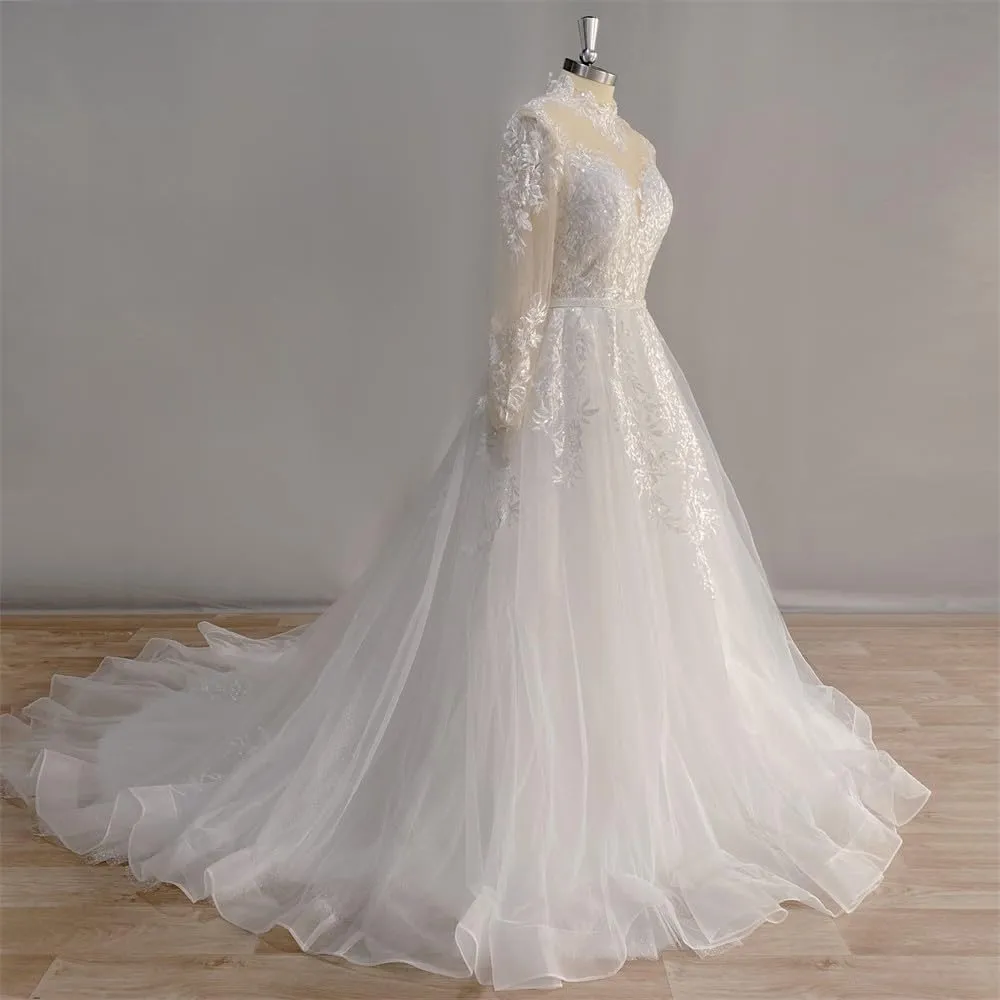 A-line Women Wedding Dress for Bride Long Sleeves High Neck Beach Bride Gown Lace Appliques Tulle Sweep Train