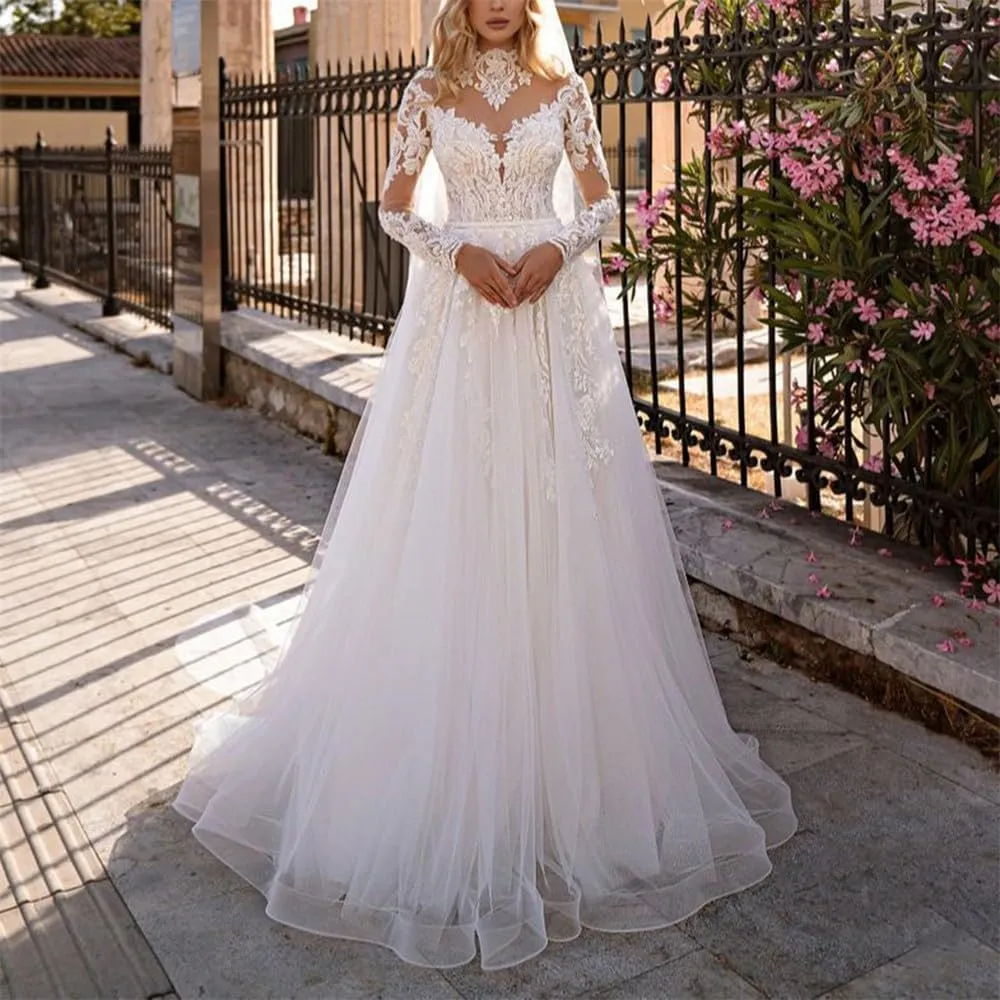 A-line Women Wedding Dress for Bride Long Sleeves High Neck Beach Bride Gown Lace Appliques Tulle Sweep Train