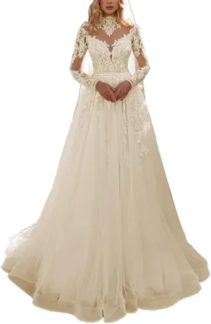 A-line Women Wedding Dress for Bride Long Sleeves High Neck Beach Bride Gown Lace Appliques Tulle Sweep Train