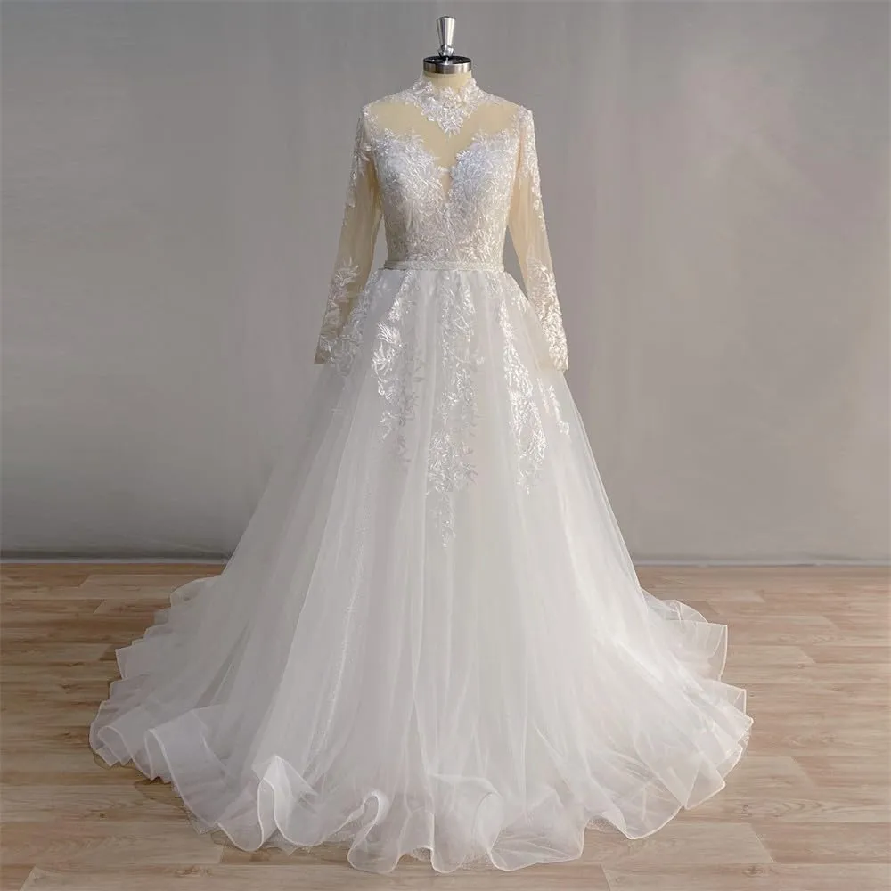 A-line Women Wedding Dress for Bride Long Sleeves High Neck Beach Bride Gown Lace Appliques Tulle Sweep Train