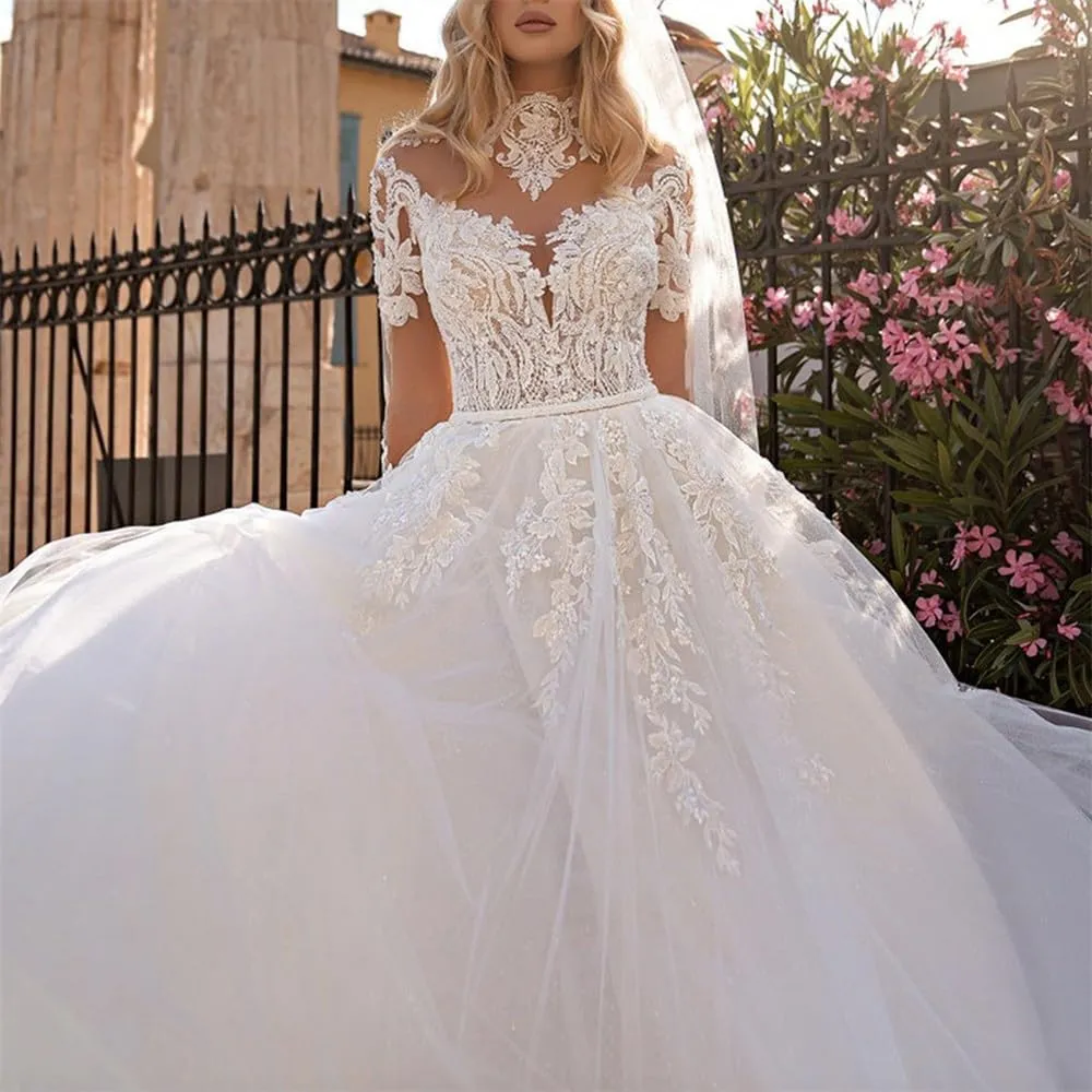 A-line Women Wedding Dress for Bride Long Sleeves High Neck Beach Bride Gown Lace Appliques Tulle Sweep Train