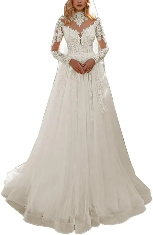 A-line Women Wedding Dress for Bride Long Sleeves High Neck Beach Bride Gown Lace Appliques Tulle Sweep Train