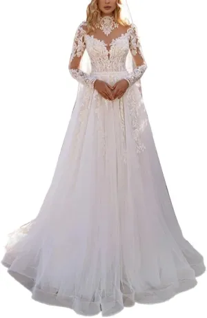 A-line Women Wedding Dress for Bride Long Sleeves High Neck Beach Bride Gown Lace Appliques Tulle Sweep Train