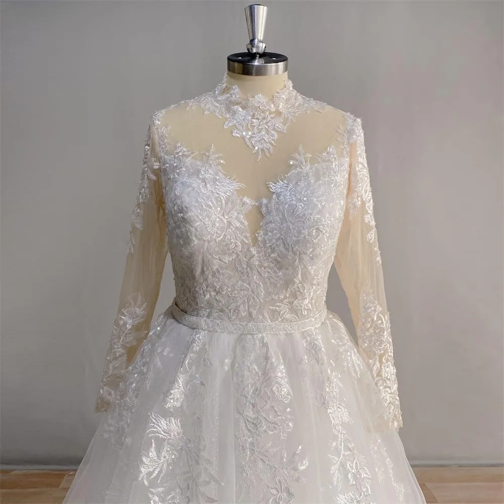 A-line Women Wedding Dress for Bride Long Sleeves High Neck Beach Bride Gown Lace Appliques Tulle Sweep Train