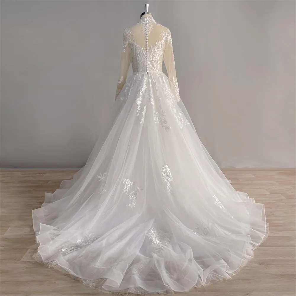 A-line Women Wedding Dress for Bride Long Sleeves High Neck Beach Bride Gown Lace Appliques Tulle Sweep Train