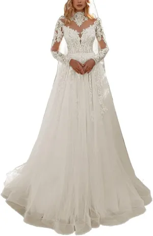A-line Women Wedding Dress for Bride Long Sleeves High Neck Beach Bride Gown Lace Appliques Tulle Sweep Train