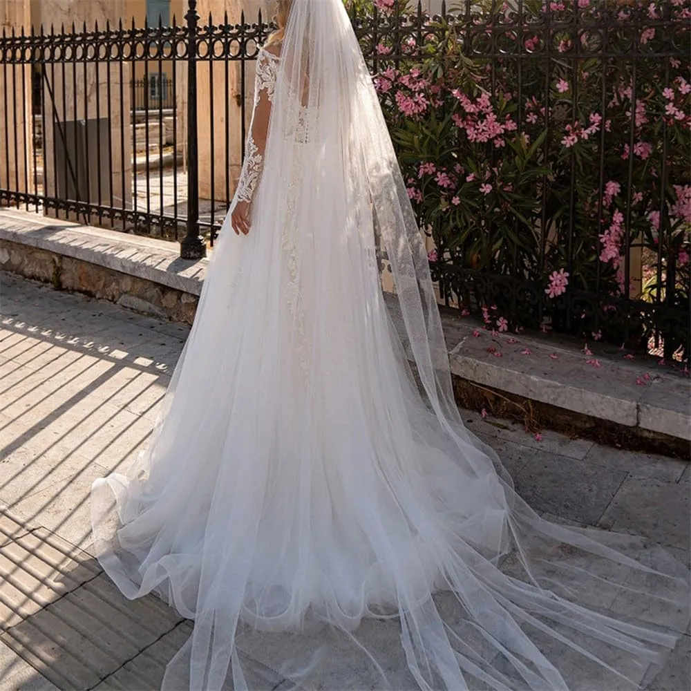 A-line Women Wedding Dress for Bride Long Sleeves High Neck Beach Bride Gown Lace Appliques Tulle Sweep Train