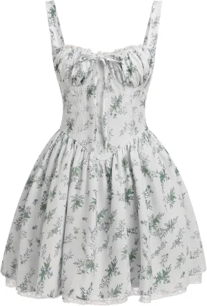 ABAFIP Women's Corset Mini Dress Spaghetti Straps Backless Lace up Low Cut Ruffle Short Dress Sundress