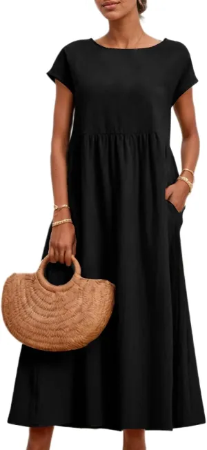 Akivide Women's Cotton Linen Boho Maxi Dress Summer Casual Loose Short Sleeve Crewneck Beach Vacation Dress with Pockets