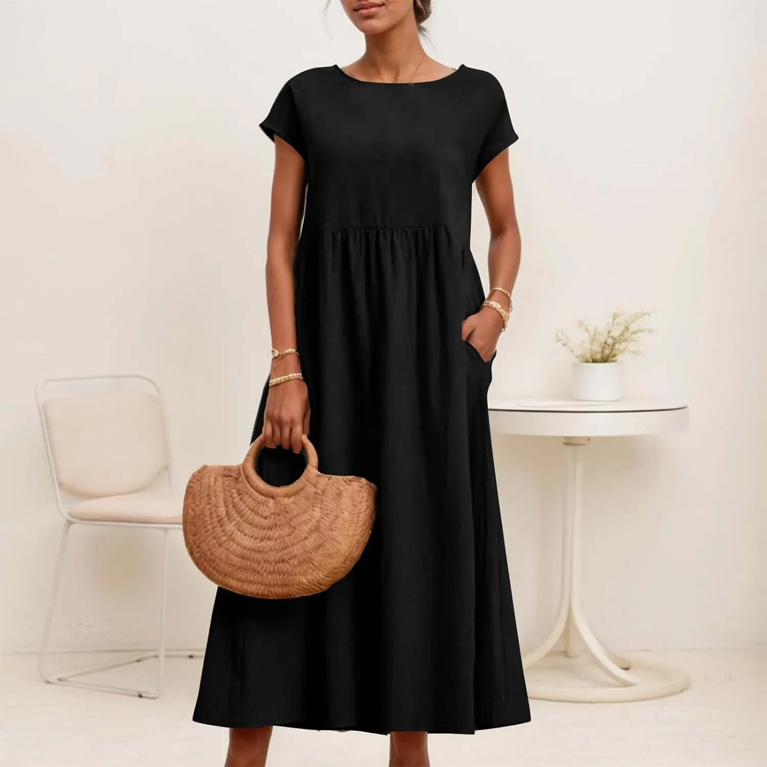 Akivide Women's Cotton Linen Boho Maxi Dress Summer Casual Loose Short Sleeve Crewneck Beach Vacation Dress with Pockets