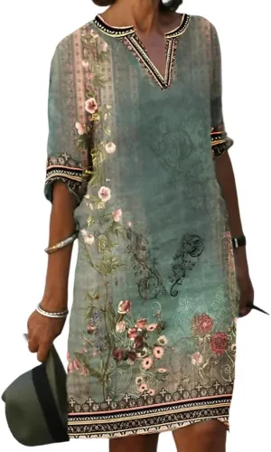 Akivide Women's Summer Boho Linen Floral Print Midi Dress V Neck Short Sleeve Classic Beach Tshirt Dresses for Women