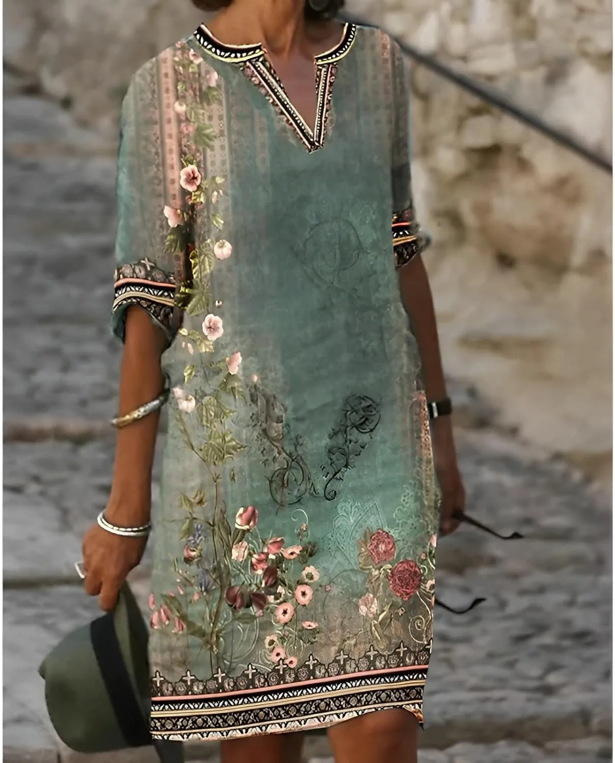 Akivide Women's Summer Boho Linen Floral Print Midi Dress V Neck Short Sleeve Classic Beach Tshirt Dresses for Women